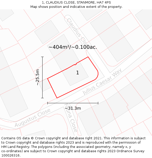 1, CLAUDIUS CLOSE, STANMORE, HA7 4PS: Plot and title map
