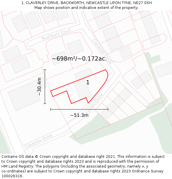 1, CLAVERLEY DRIVE, BACKWORTH, NEWCASTLE UPON TYNE, NE27 0SH: Plot and title map