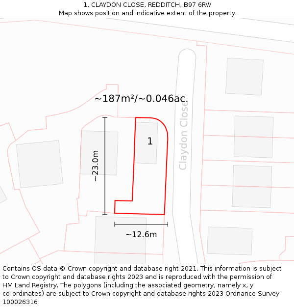 1, CLAYDON CLOSE, REDDITCH, B97 6RW: Plot and title map
