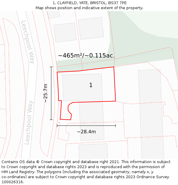 1, CLAYFIELD, YATE, BRISTOL, BS37 7PE: Plot and title map