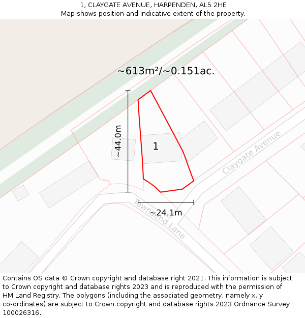 1, CLAYGATE AVENUE, HARPENDEN, AL5 2HE: Plot and title map