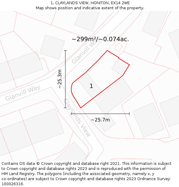 1, CLAYLANDS VIEW, HONITON, EX14 2WE: Plot and title map