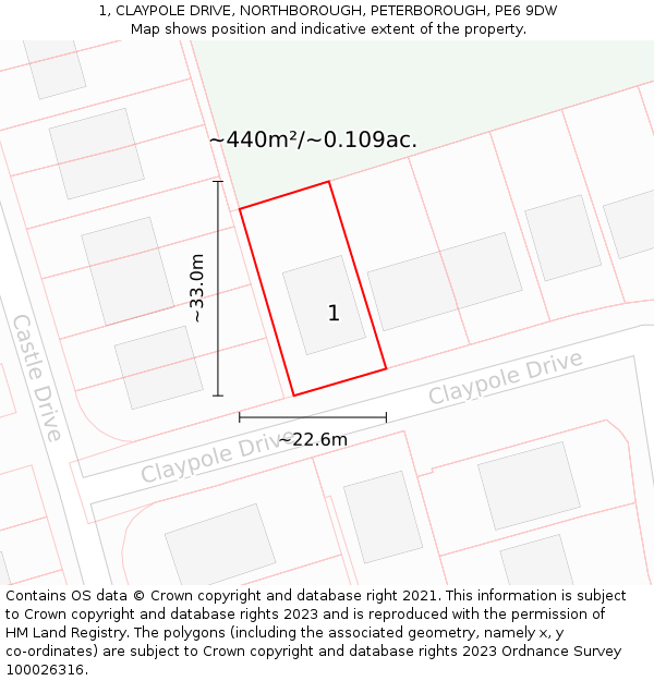 1, CLAYPOLE DRIVE, NORTHBOROUGH, PETERBOROUGH, PE6 9DW: Plot and title map
