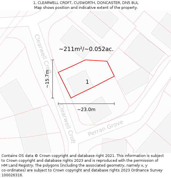 1, CLEARWELL CROFT, CUSWORTH, DONCASTER, DN5 8UL: Plot and title map