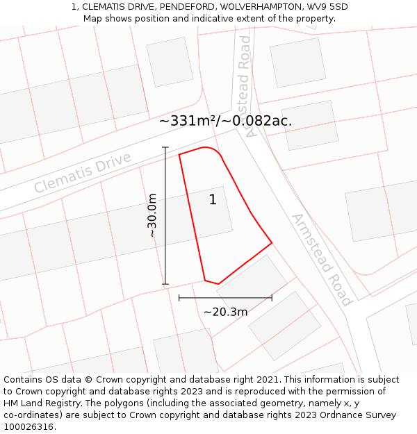 1, CLEMATIS DRIVE, PENDEFORD, WOLVERHAMPTON, WV9 5SD: Plot and title map