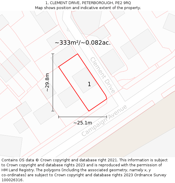 1, CLEMENT DRIVE, PETERBOROUGH, PE2 9RQ: Plot and title map