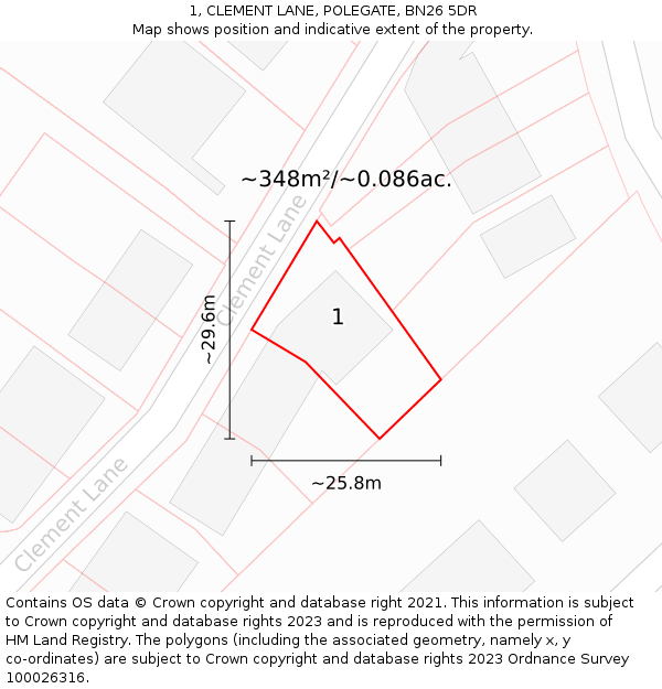 1, CLEMENT LANE, POLEGATE, BN26 5DR: Plot and title map