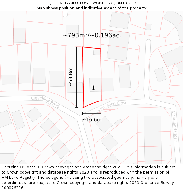 1, CLEVELAND CLOSE, WORTHING, BN13 2HB: Plot and title map