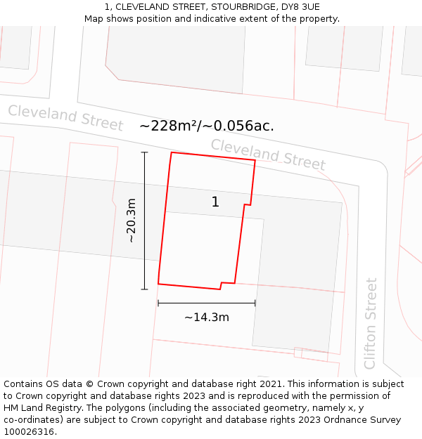 1, CLEVELAND STREET, STOURBRIDGE, DY8 3UE: Plot and title map