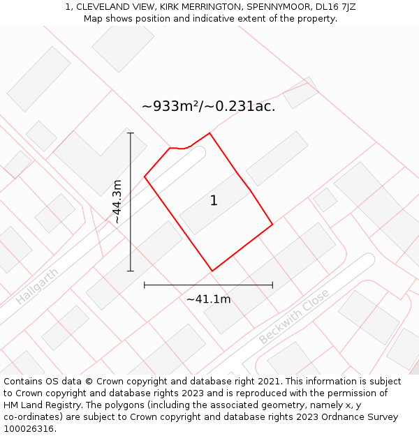 1, CLEVELAND VIEW, KIRK MERRINGTON, SPENNYMOOR, DL16 7JZ: Plot and title map