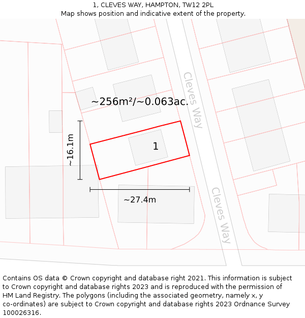 1, CLEVES WAY, HAMPTON, TW12 2PL: Plot and title map