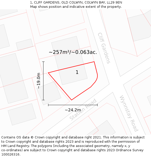 1, CLIFF GARDENS, OLD COLWYN, COLWYN BAY, LL29 9EN: Plot and title map