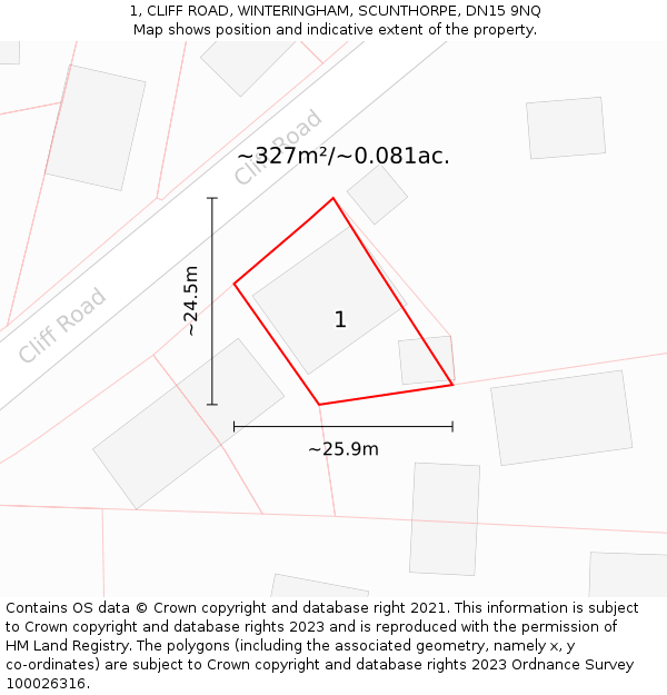 1, CLIFF ROAD, WINTERINGHAM, SCUNTHORPE, DN15 9NQ: Plot and title map