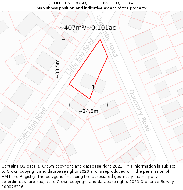 1, CLIFFE END ROAD, HUDDERSFIELD, HD3 4FF: Plot and title map