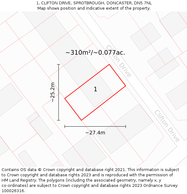 1, CLIFTON DRIVE, SPROTBROUGH, DONCASTER, DN5 7NL: Plot and title map