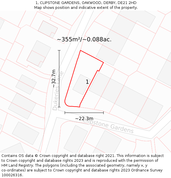 1, CLIPSTONE GARDENS, OAKWOOD, DERBY, DE21 2HD: Plot and title map