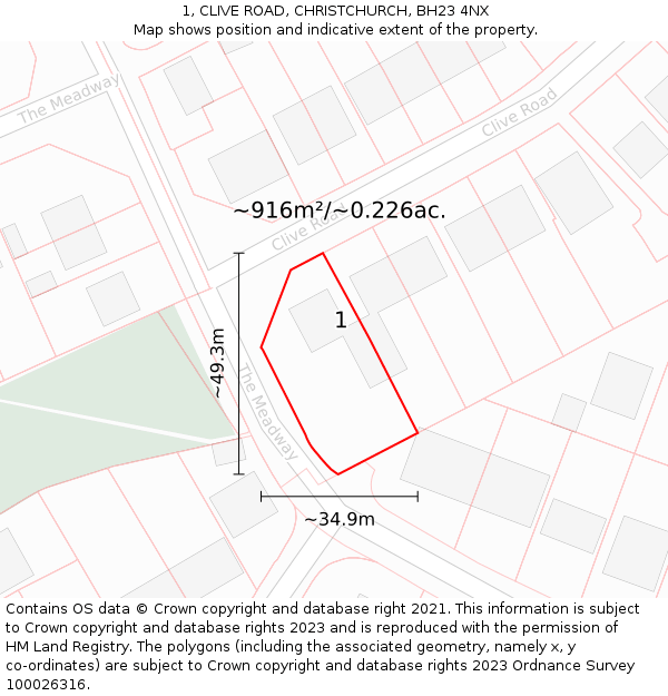 1, CLIVE ROAD, CHRISTCHURCH, BH23 4NX: Plot and title map