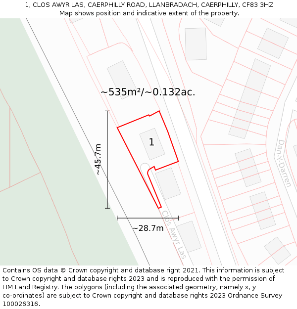 1, CLOS AWYR LAS, CAERPHILLY ROAD, LLANBRADACH, CAERPHILLY, CF83 3HZ: Plot and title map