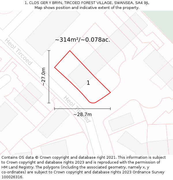 1, CLOS GER Y BRYN, TIRCOED FOREST VILLAGE, SWANSEA, SA4 9JL: Plot and title map