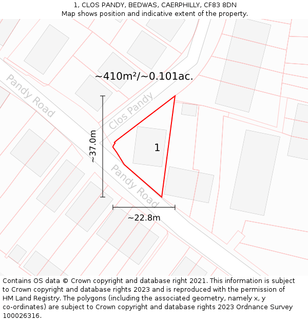 1, CLOS PANDY, BEDWAS, CAERPHILLY, CF83 8DN: Plot and title map