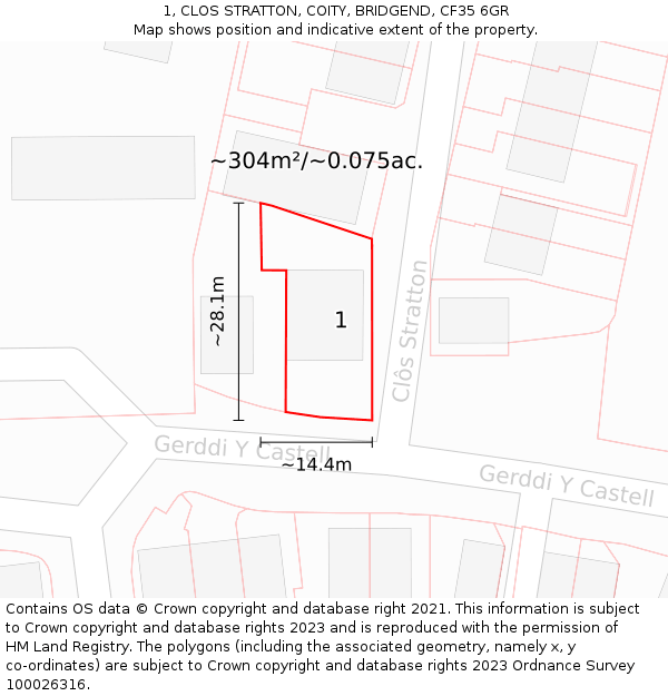 1, CLOS STRATTON, COITY, BRIDGEND, CF35 6GR: Plot and title map