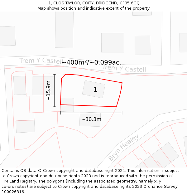 1, CLOS TAYLOR, COITY, BRIDGEND, CF35 6GQ: Plot and title map