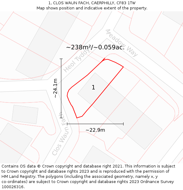 1, CLOS WAUN FACH, CAERPHILLY, CF83 1TW: Plot and title map