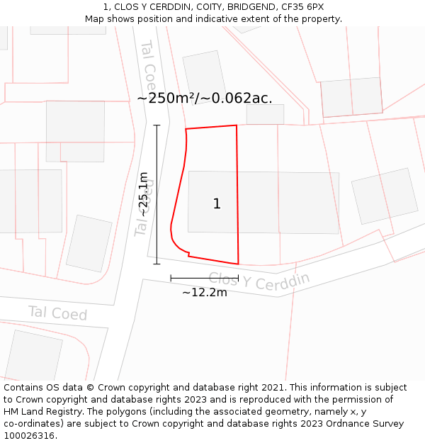 1, CLOS Y CERDDIN, COITY, BRIDGEND, CF35 6PX: Plot and title map