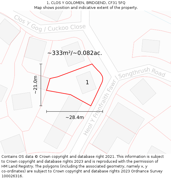 1, CLOS Y GOLOMEN, BRIDGEND, CF31 5FQ: Plot and title map