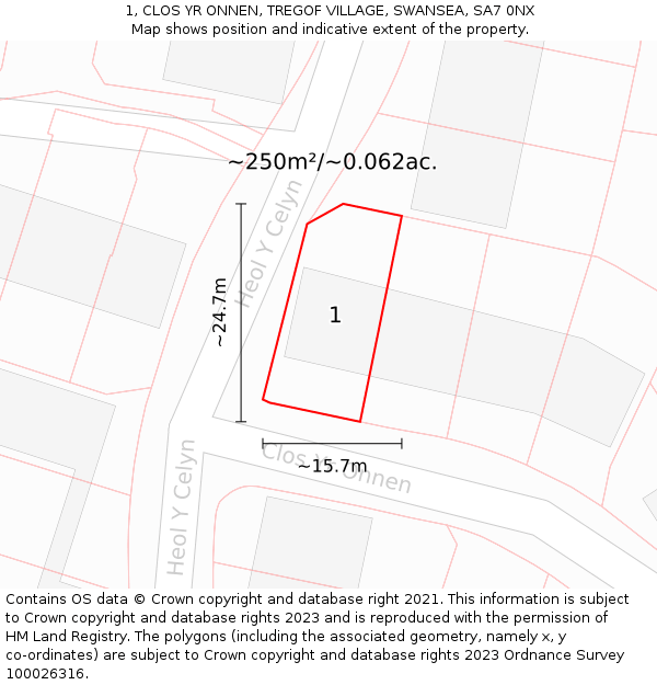 1, CLOS YR ONNEN, TREGOF VILLAGE, SWANSEA, SA7 0NX: Plot and title map