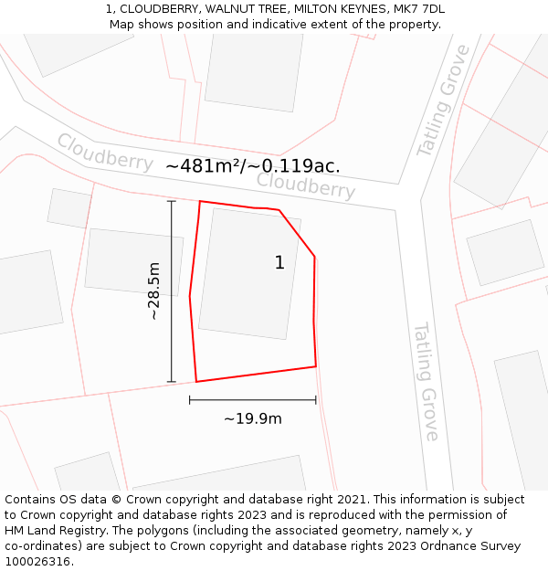 1, CLOUDBERRY, WALNUT TREE, MILTON KEYNES, MK7 7DL: Plot and title map