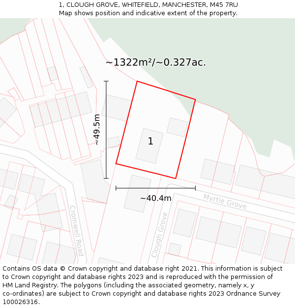 1, CLOUGH GROVE, WHITEFIELD, MANCHESTER, M45 7RU: Plot and title map