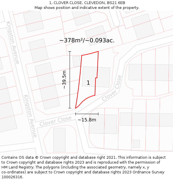 1, CLOVER CLOSE, CLEVEDON, BS21 6EB: Plot and title map