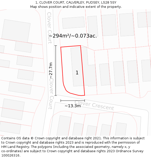 1, CLOVER COURT, CALVERLEY, PUDSEY, LS28 5SY: Plot and title map