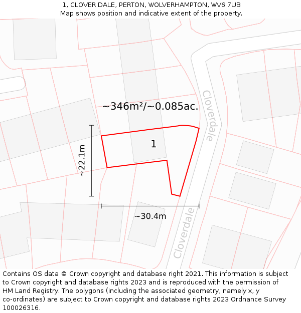 1, CLOVER DALE, PERTON, WOLVERHAMPTON, WV6 7UB: Plot and title map