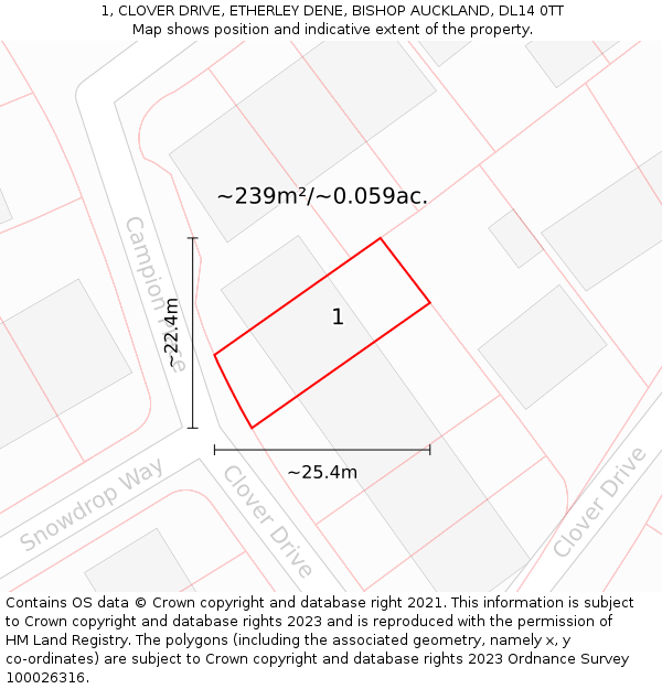 1, CLOVER DRIVE, ETHERLEY DENE, BISHOP AUCKLAND, DL14 0TT: Plot and title map