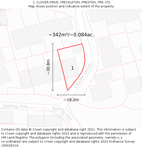 1, CLOVER DRIVE, FRECKLETON, PRESTON, PR4 1TG: Plot and title map