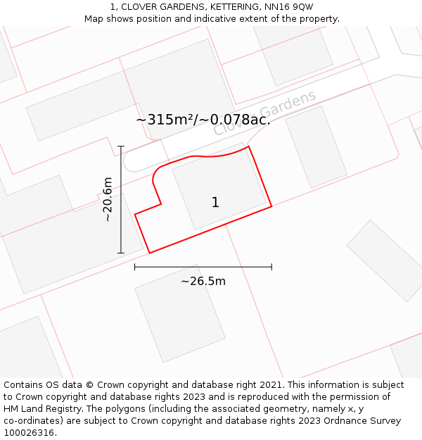 1, CLOVER GARDENS, KETTERING, NN16 9QW: Plot and title map