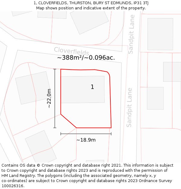 1, CLOVERFIELDS, THURSTON, BURY ST EDMUNDS, IP31 3TJ: Plot and title map