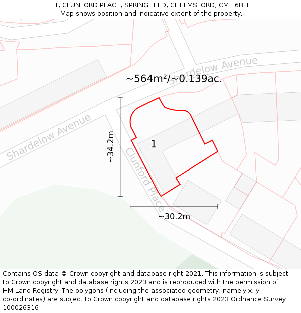 1, CLUNFORD PLACE, SPRINGFIELD, CHELMSFORD, CM1 6BH: Plot and title map