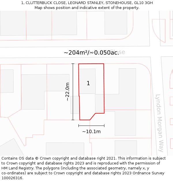 1, CLUTTERBUCK CLOSE, LEONARD STANLEY, STONEHOUSE, GL10 3GH: Plot and title map