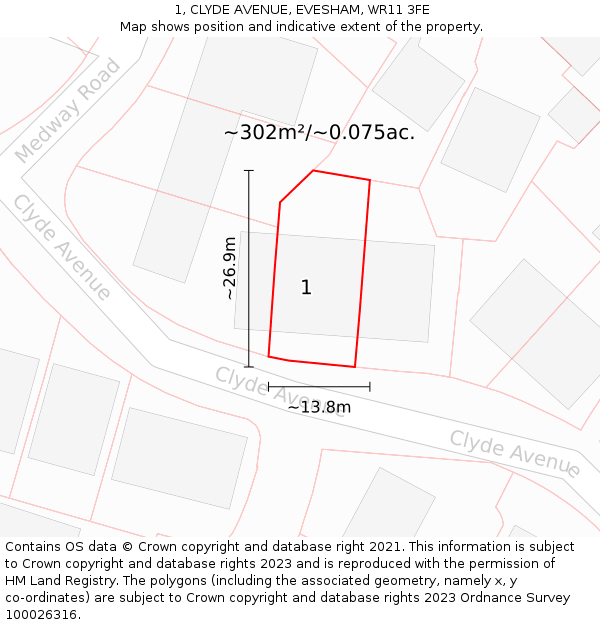1, CLYDE AVENUE, EVESHAM, WR11 3FE: Plot and title map