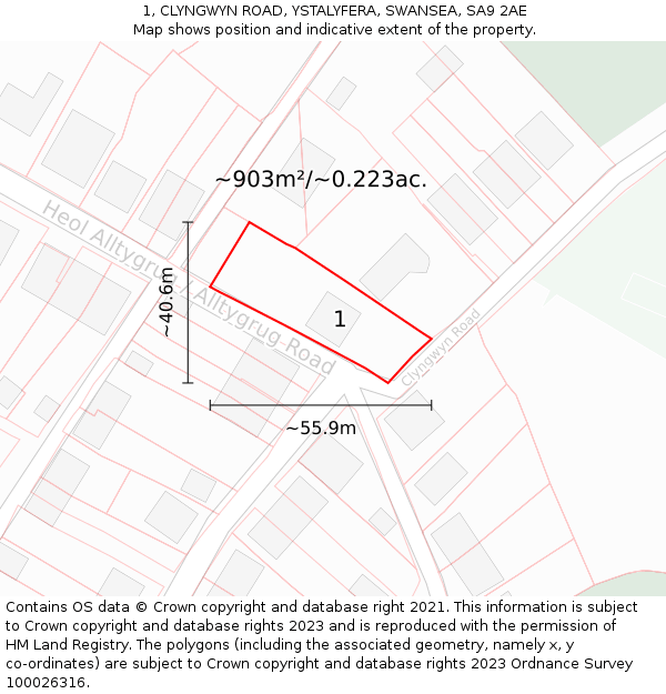 1, CLYNGWYN ROAD, YSTALYFERA, SWANSEA, SA9 2AE: Plot and title map
