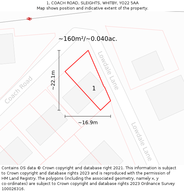 1, COACH ROAD, SLEIGHTS, WHITBY, YO22 5AA: Plot and title map