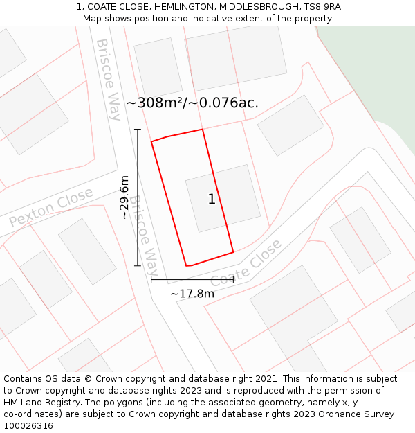1, COATE CLOSE, HEMLINGTON, MIDDLESBROUGH, TS8 9RA: Plot and title map