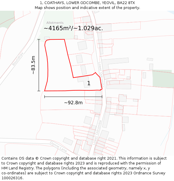 1, COATHAYS, LOWER ODCOMBE, YEOVIL, BA22 8TX: Plot and title map