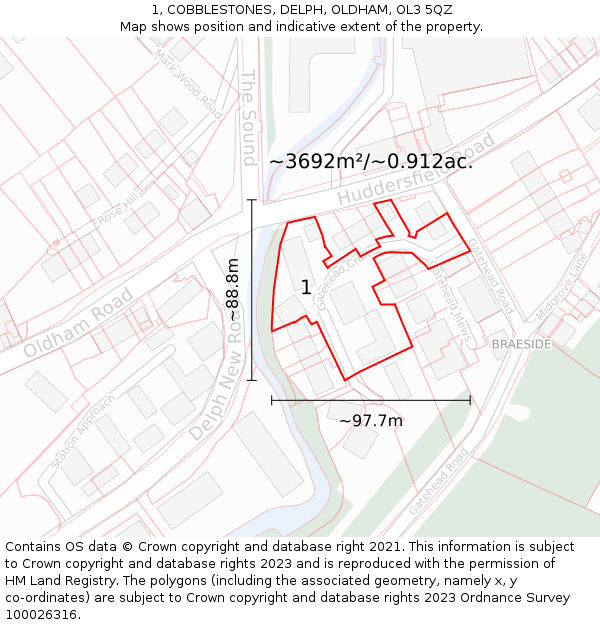 1, COBBLESTONES, DELPH, OLDHAM, OL3 5QZ: Plot and title map