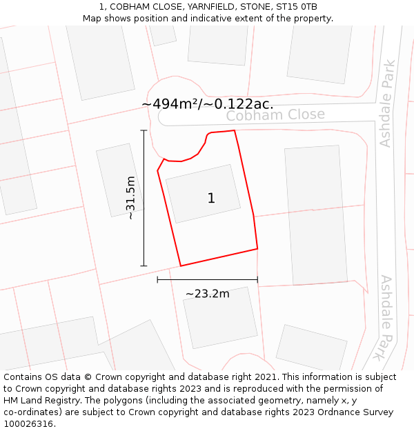 1, COBHAM CLOSE, YARNFIELD, STONE, ST15 0TB: Plot and title map