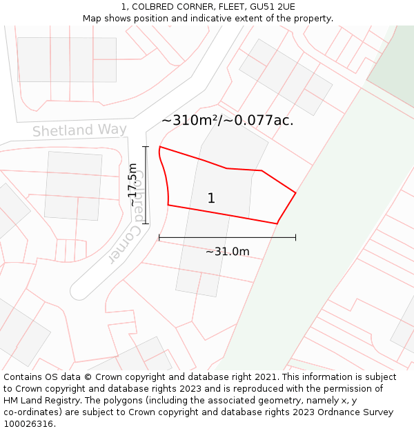 1, COLBRED CORNER, FLEET, GU51 2UE: Plot and title map