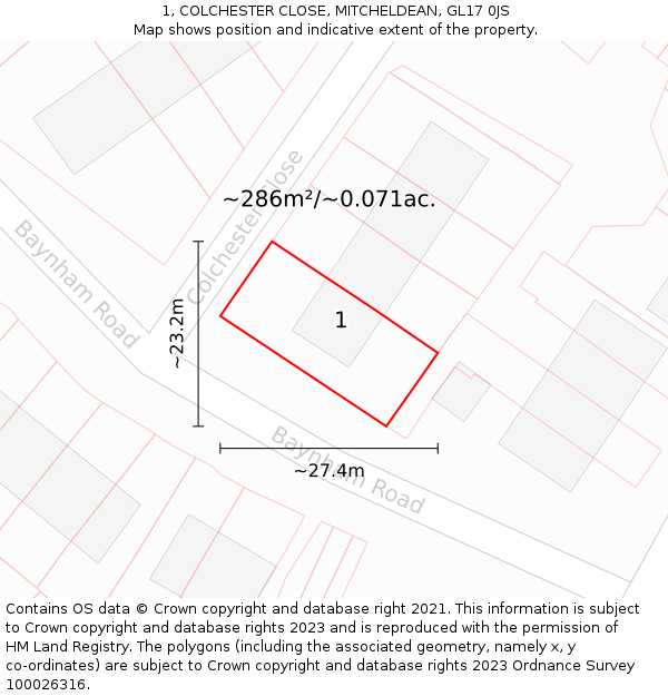 1, COLCHESTER CLOSE, MITCHELDEAN, GL17 0JS: Plot and title map
